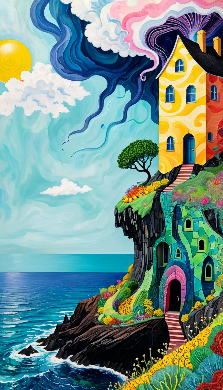 Holly Warburton Style，Concave and convex texture，Oil pastel strokes：Lonely house on the cliff， figure silhouette under the cliff，Eye，A cloud tentacle、Eye、diatom，Abstract mosaic painting，Describing the inner world of a depressed person，Strong sense of loneliness，Depressing atmosphere，Sense of space，Psychedelic Art，Low-key color matching