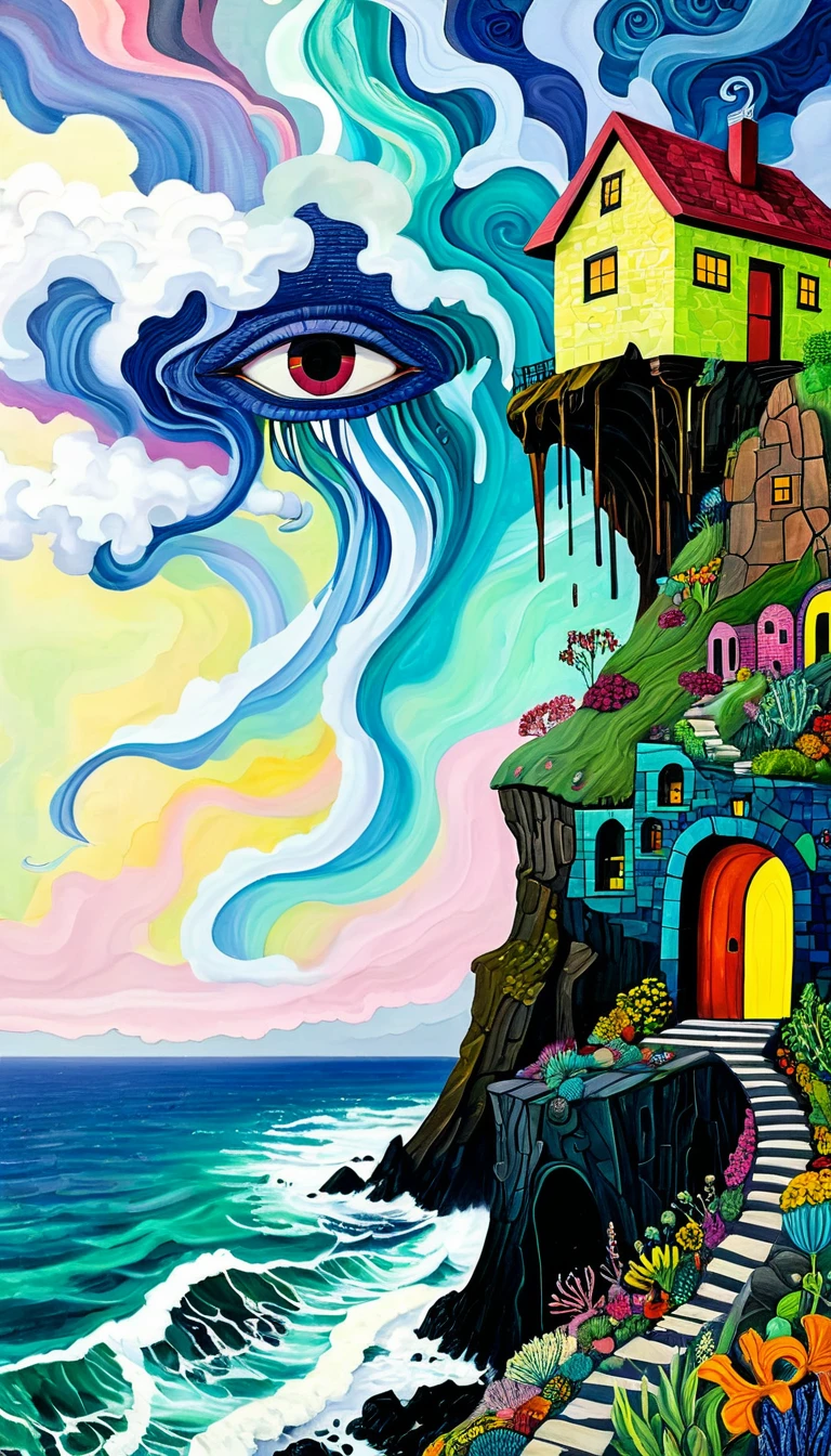 Holly Warburton Style，Concave and convex texture，Oil pastel strokes：Lonely house on the cliff， figure silhouette under the cliff，Eye，A cloud tentacle、Eye、diatom，Abstract mosaic painting，Describing the inner world of a depressed person，Strong sense of loneliness，Depressing atmosphere，Sense of space，Psychedelic Art，Low-key color matching