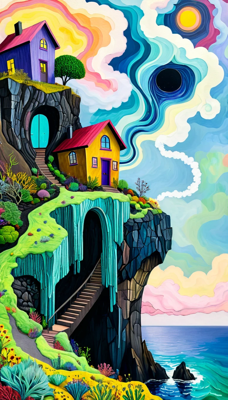 Holly Warburton Style，Concave and convex texture，Oil pastel strokes：Lonely house on the cliff， figure silhouette under the cliff，Eye，A cloud tentacle、Eye、diatom，Abstract mosaic painting，Describing the inner world of a depressed person，Strong sense of loneliness，Depressing atmosphere，Sense of space，Psychedelic Art，Low-key color matching