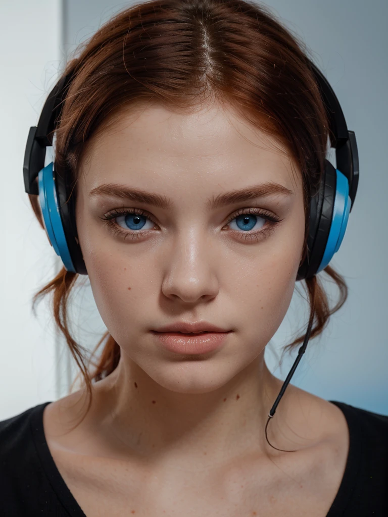 foreground, perfect face of a brunette woman with red hair, perfect face with one light blue eye and the other hazel full lips bright red match wears black headphones, The camera should only focus on his face and his innocent look., on a dark gradient background, High quality image