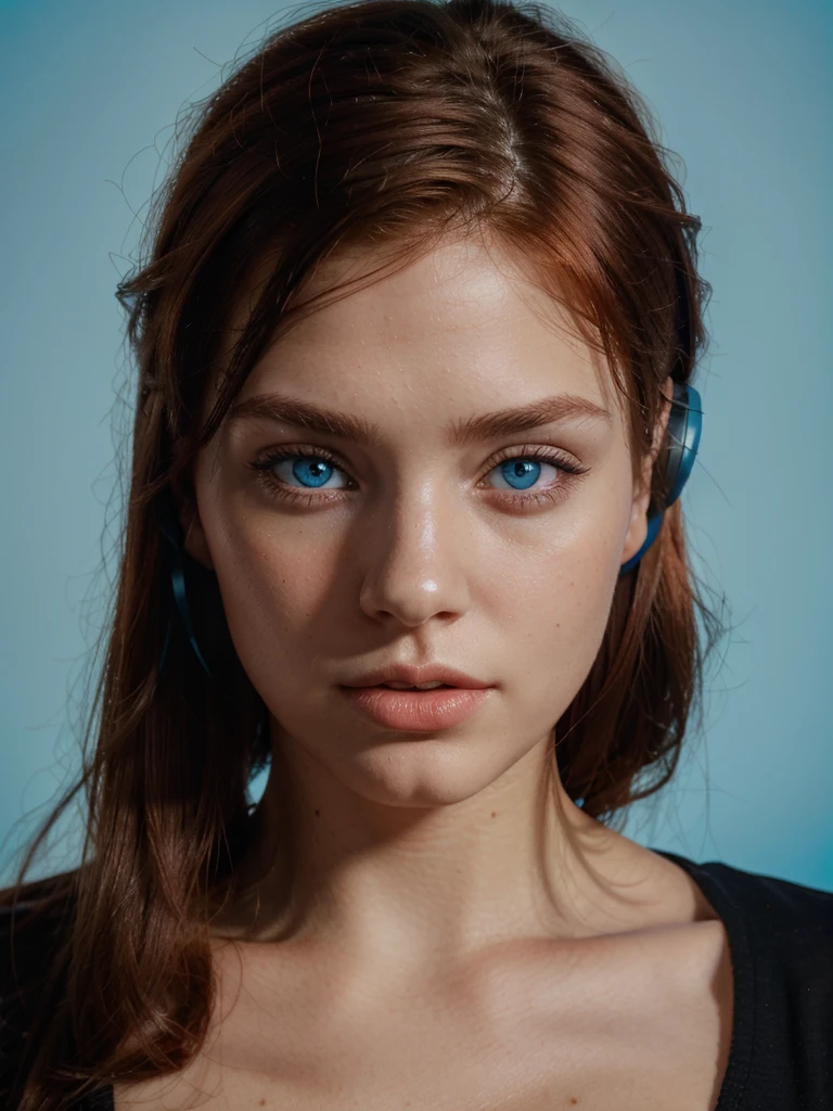 foreground, perfect face of a brunette woman with red hair, perfect face with one light blue eye and the other hazel full lips bright red match wears black headphones, The camera should only focus on his face and his innocent look., on a dark gradient background, High quality image