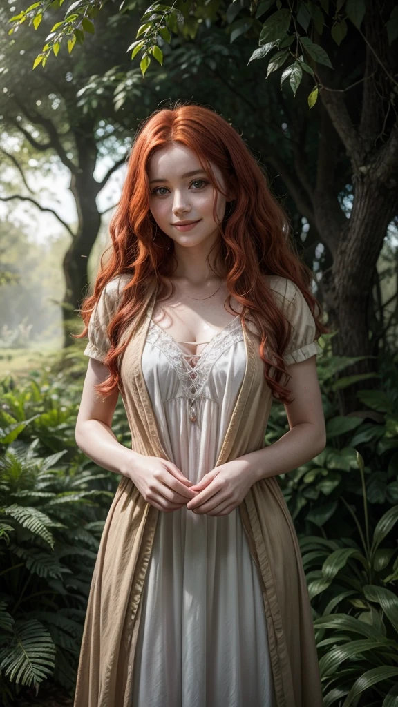 A 25-year-old realistic witch woman with curly red hair and a slight smile stands in a magical, enchanted garden under soft natural light