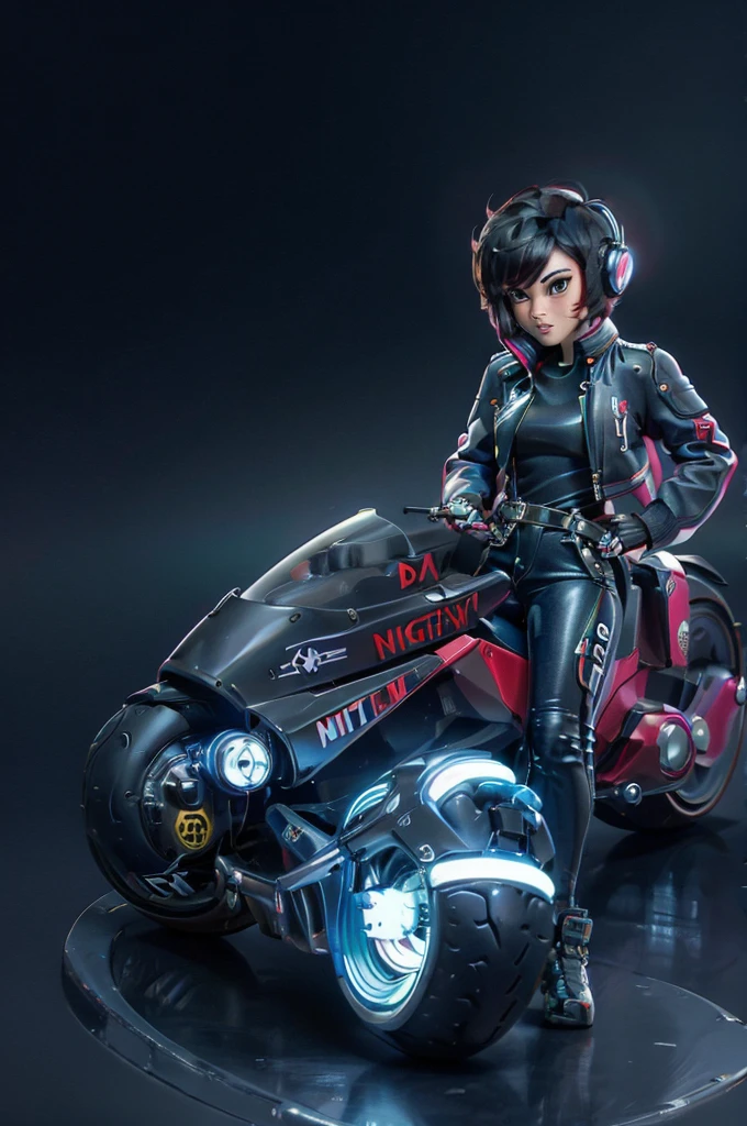 (masterpiece, best quality), female character sitting on a stationary motorcycle, cyberpunk style, leather jacket, Baggypants, short hair with vibrant highlights, confident expression, detailed futuristic motorcycle, neon accents, sleek design, high-tech elements., 