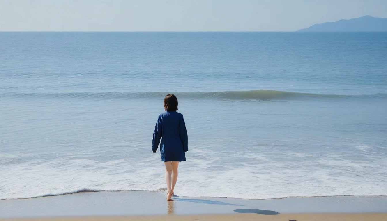 8K, Vivid picture quality, desolate long beach, A short-haired woman walking from afar, 안개낀 ocean, alone, afternoon, depressed, tide가 밀려온다, ocean, tide, wind, short korean woman, 잔잔한 tide, bare foot