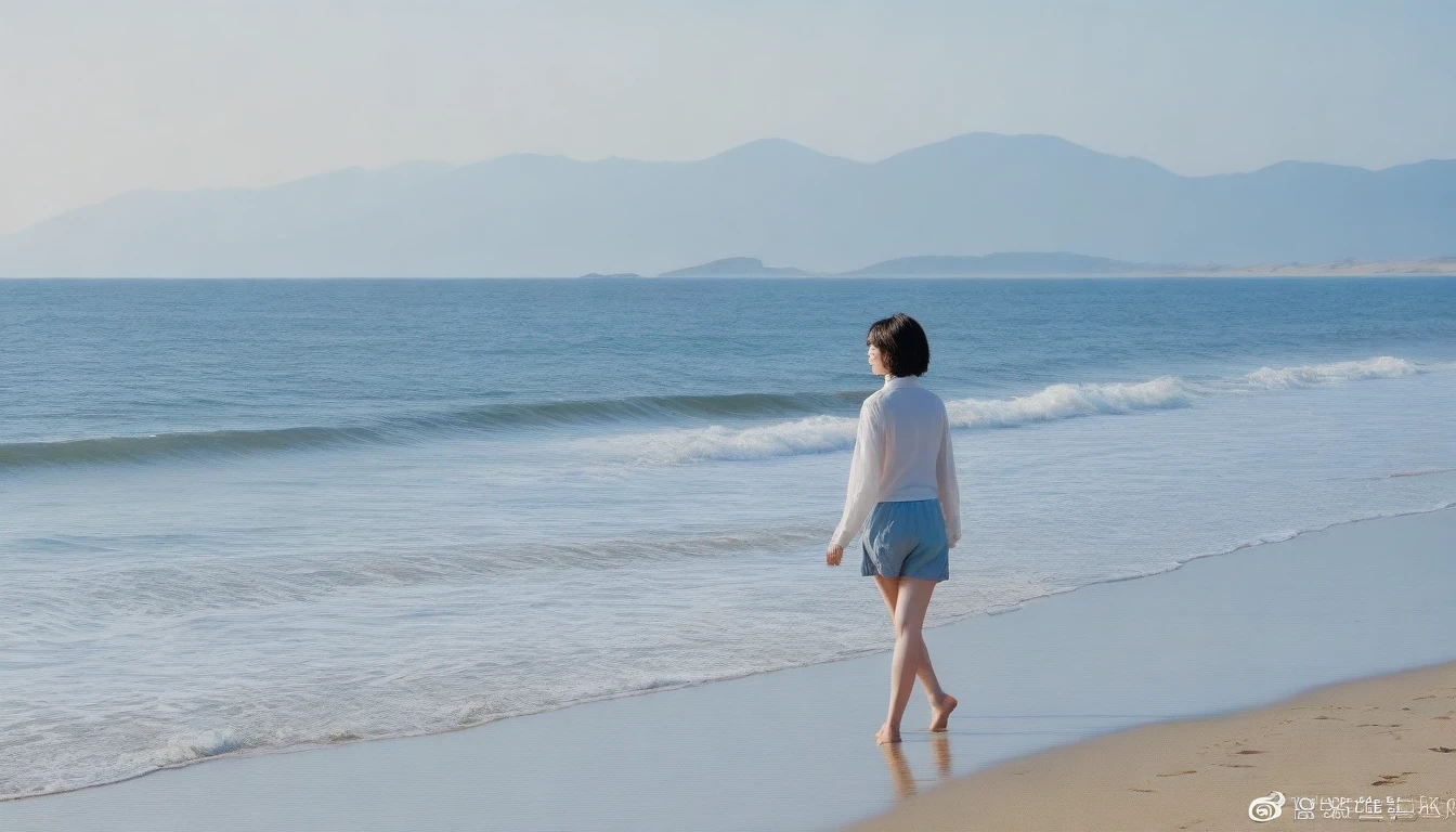 8K, Vivid picture quality, desolate long beach, A short-haired woman walking from afar, 안개낀 ocean, alone, afternoon, depressed, tide가 밀려온다, ocean, tide, wind, short korean woman, 잔잔한 tide, bare foot