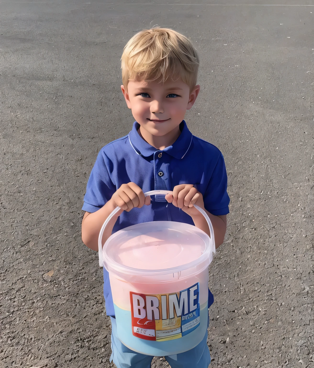 8 year old boy with blond hair , blue shirt , sky blue half pant, holding a buucket in her hands