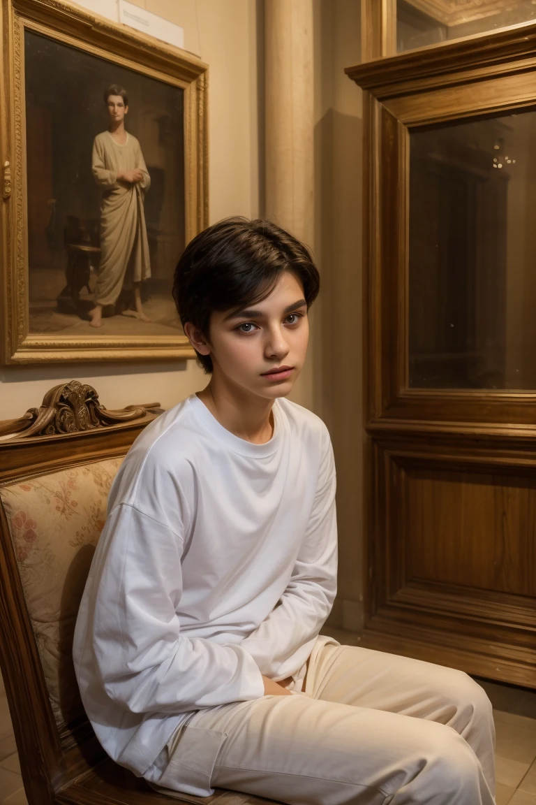 A cute, beautiful male twink with black hair and a face with makeup. He is wearing a white long-sleeved shirt and brown pants. He is in the Museum of Historical Antiquities, looking in wonder and shock as he sits on a chair.