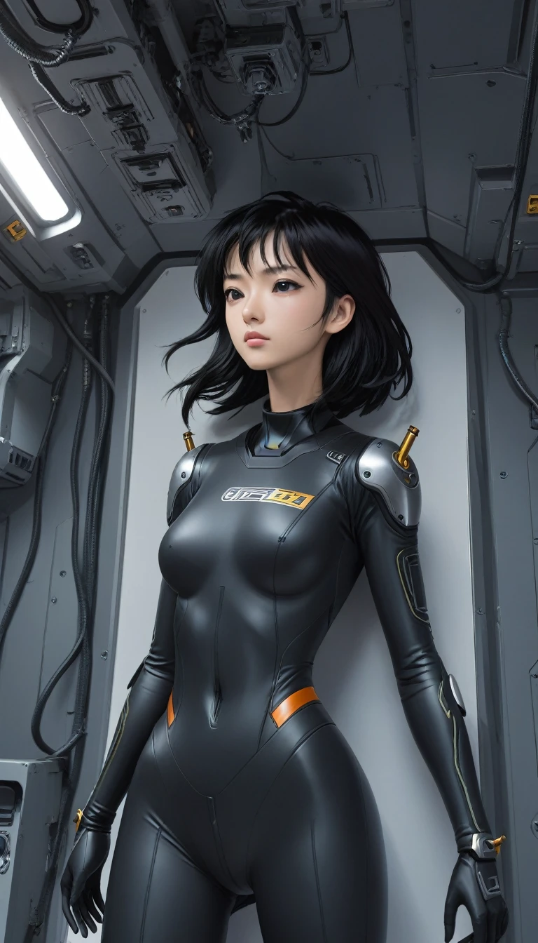 1 Girl、Medium Bust、solo、Black Hair、Braid、Mobile Race Suit、Shoulder Armor、ceiling、Wide Shot、Looking Ahead、Arms crossed、Closed Mouth、Highest quality、medium quality、22 years old、Mobile Trace System、cockpit、Asian、