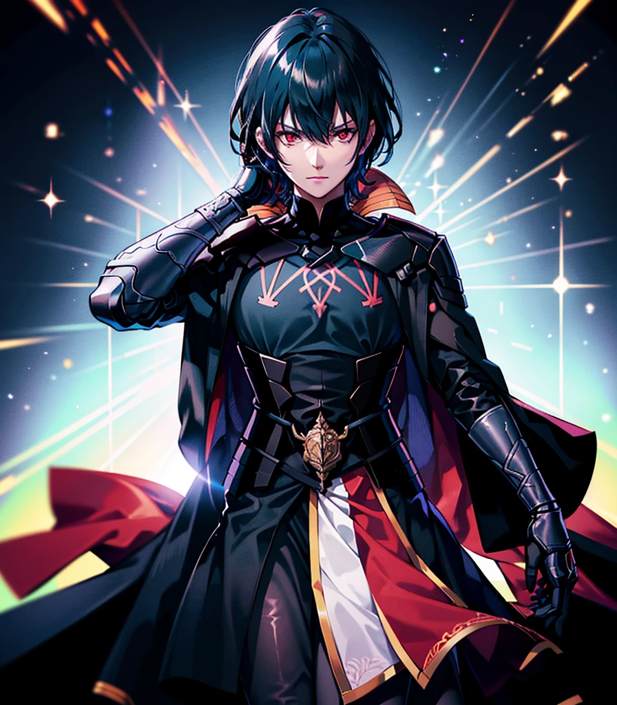 1 person, good looking, expensive, Dark brown skin, Black Hair, Red eyes, Science fiction, Wearing a black military uniform, Completely isolated on a pitch black background, High resolution, Super sharp, 8K, masterpiece, View your viewers, High resolution, Sharp focus, Absurd, Bokeh,Byleth