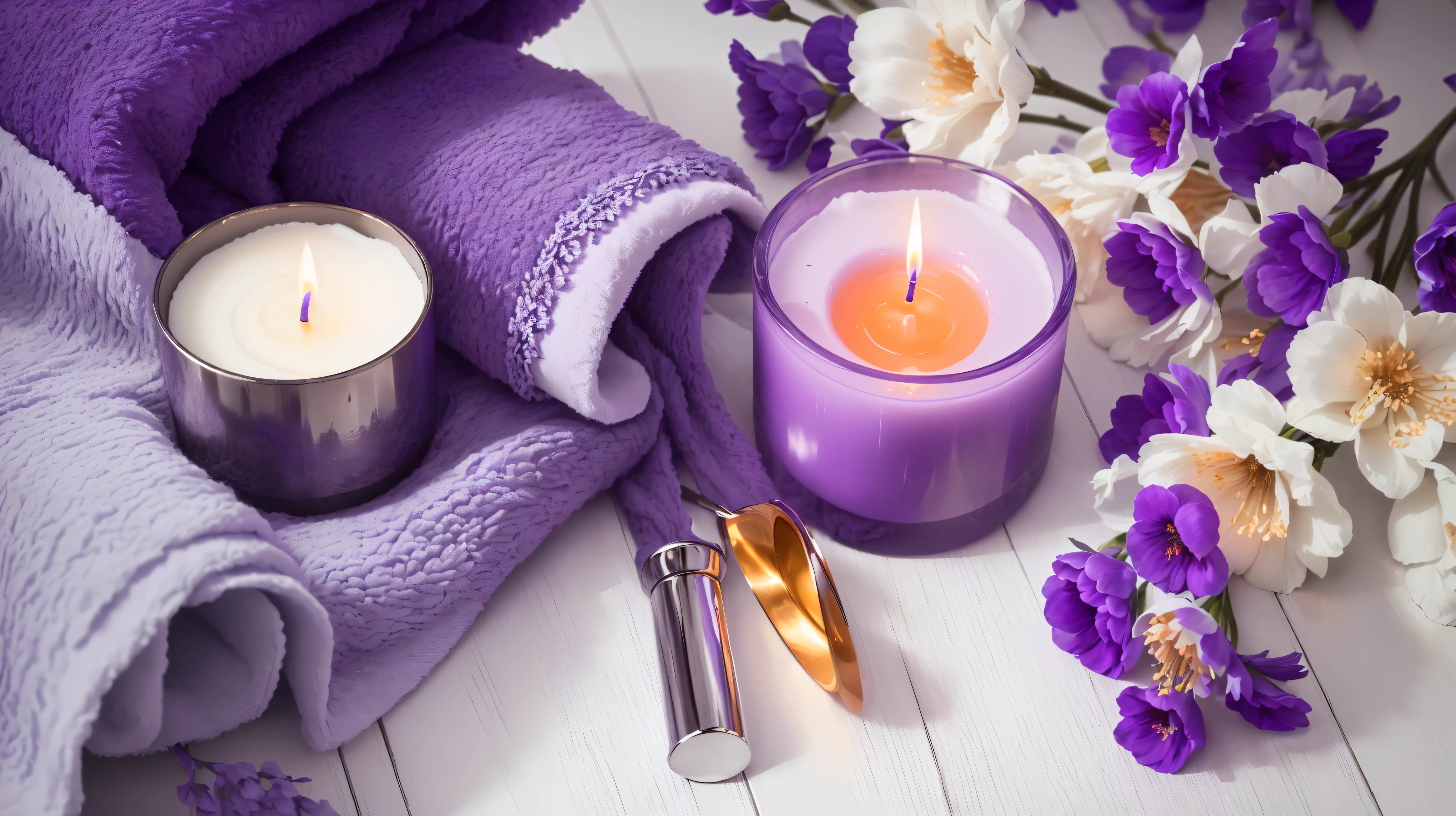 On a white table decorated with purple flowers、Purple towels and candles are placed on the floor., Purple Theme, Purple Theme, purple themed, Violet Theme, Purple color scheme, orange and Purple color scheme, Purple accents, Beautiful shots, Purple glow, Romantic atmosphere, Shiny purple, A vibrant scene, Vibrant atmosphere, Purple color scheme, soft Purple glow, Violet color scheme、8K