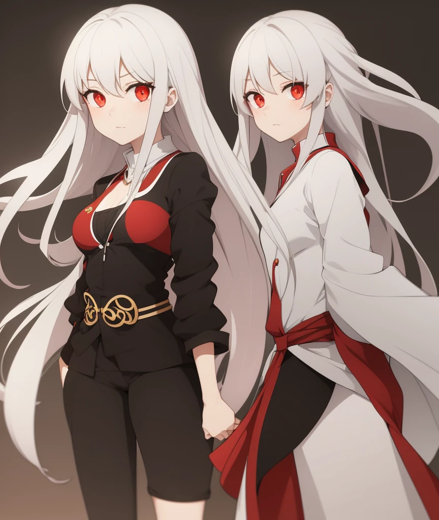 Rio Futaba, wavy white hair, red eyes, neutral face expression, medium breasts, standing pose