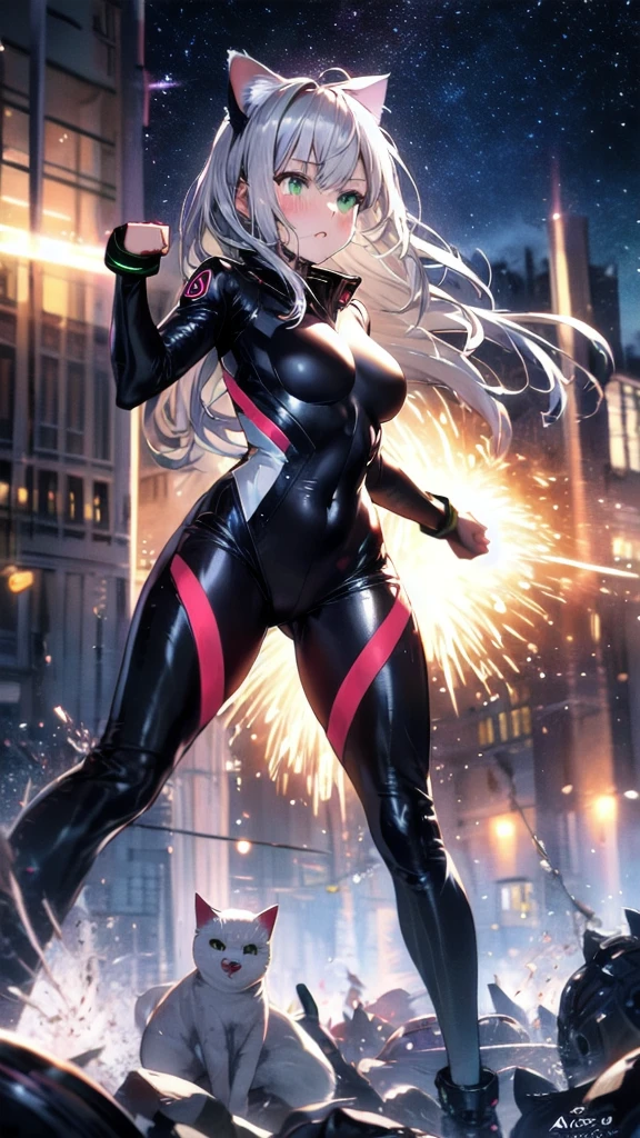 prompts A silver-haired beautiful girl with cat ears eyes are green hair is silver and long clothes: a form-fitting black combat suit The fist is an afterimage The background is a city at night her is in a cat-like fighting pose The year is  monitor, Dark Night, Sweat, Steam of Exhalation, Space, Battle, Dynamic Angle　one girl