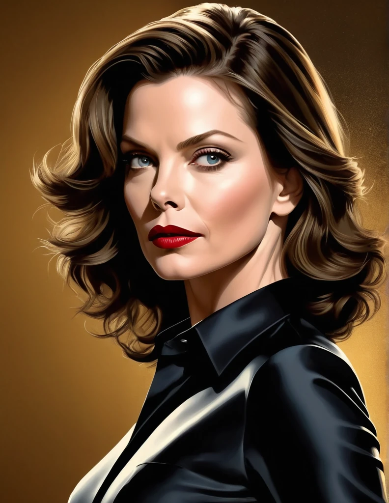 1 woman, [Anne Hathaway:Michelle Pfeiffer:0.4] as Selina Kyle, exudes beauty with her radiant, smooth skin. Her strong, serious demeanor and confident stance convey an air of convincing allure. This captivating portrait is rendered in 4k high-resolution, ensuring every detail is displayed in the best quality. The illustration showcases Selina's determined expression, captivating the viewer's attention with its intricately detailed features.black satin shirt