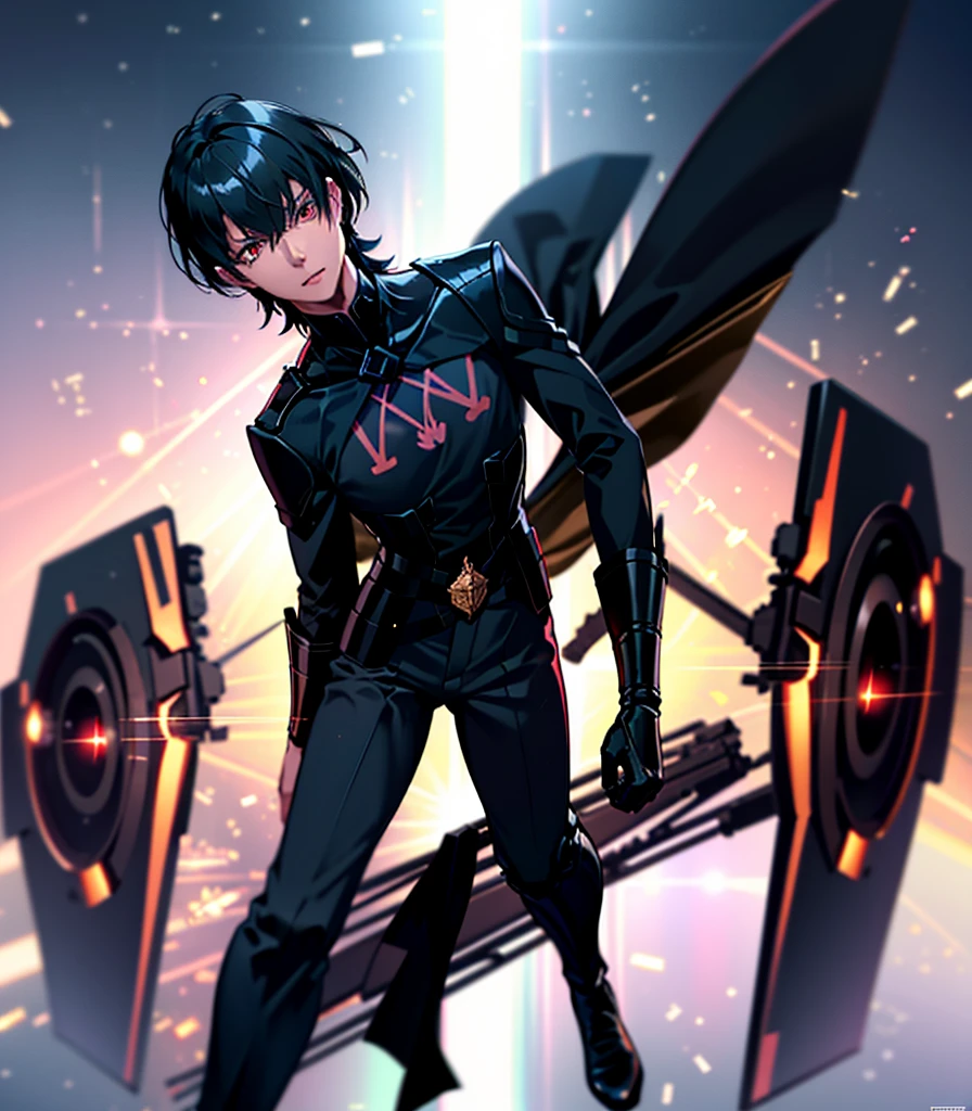 1 person, good looking, expensive, Dark brown skin, Black Hair, Red eyes, Science fiction, Wearing a black military uniform, Completely isolated on a pitch black background, High resolution, Super sharp, 8K, masterpiece, View your viewers, High resolution, Sharp focus, Absurd, Bokeh,Byleth