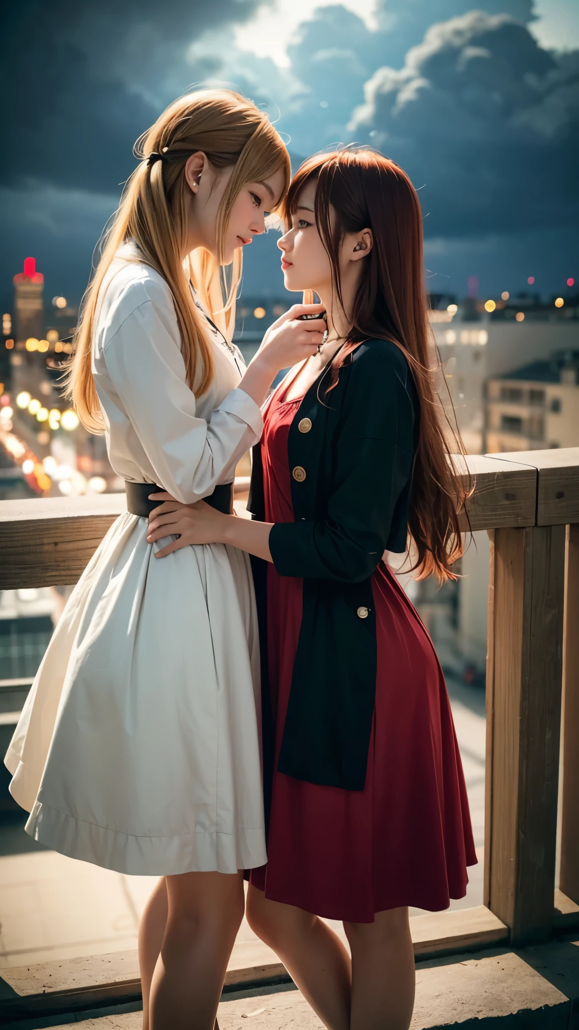 (Natural strawberry blonde and redhead girls with pretty faces), Cute pose, wearing a button dress, Atmospheric, Dark atmosphere, Edge lighting, Sayaka Yamamoto, Saito Asuka, Mao Akiyama&#39;s facial features, 8K, Full 体 portrait, Elegant outfit, Natural light, Spooky greenhouse at night, (Ultra-detailed eyes and face:1.3, Professional photography techniques), (Beautiful small face, beautiful girl, high school student, Idol Face, Baby Face:1.4), smile, Happy, K UHD, Beautiful and soft skin, Vibrant Skin, blush, (Chirarizum:1.3, Unbutton the dress:1.5), ((Beautiful breasts:1.3, Cleavage)), (Small beautiful butt), (Detailed hands:1.2, The optimal ratio is four fingers to one thumb), Perfect proportions, (Perfect Anatomy:1.3), (Highest quality, Masterpiece, Highest quality, Ultra high definition, Photorealism:1.4), ((Kiss on the lips)), (Beautiful hair blowing in the wind:1.4)