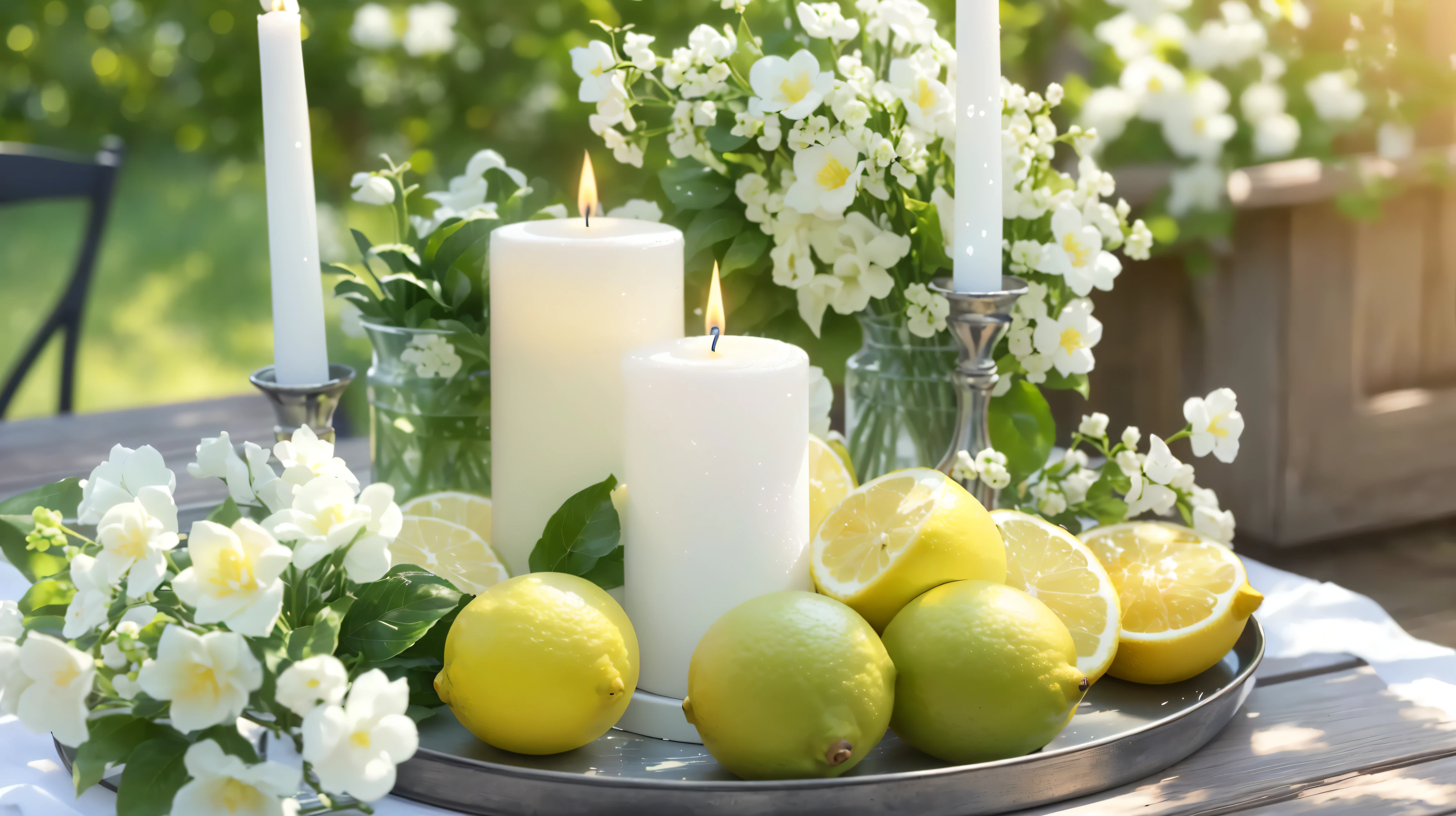 there is a tray with lemon, limit, and Candles on it, white Candles, Natural Candles Lighting, Candles, Centerpieces, seasonal, 🐿🍸🍋, Excellent detail, Funny, Lemon light, Light green and white, bestseller, Sparkling, lemon, Sharp details, Award-winning, Awards - Awards, white, Summer mood、（K