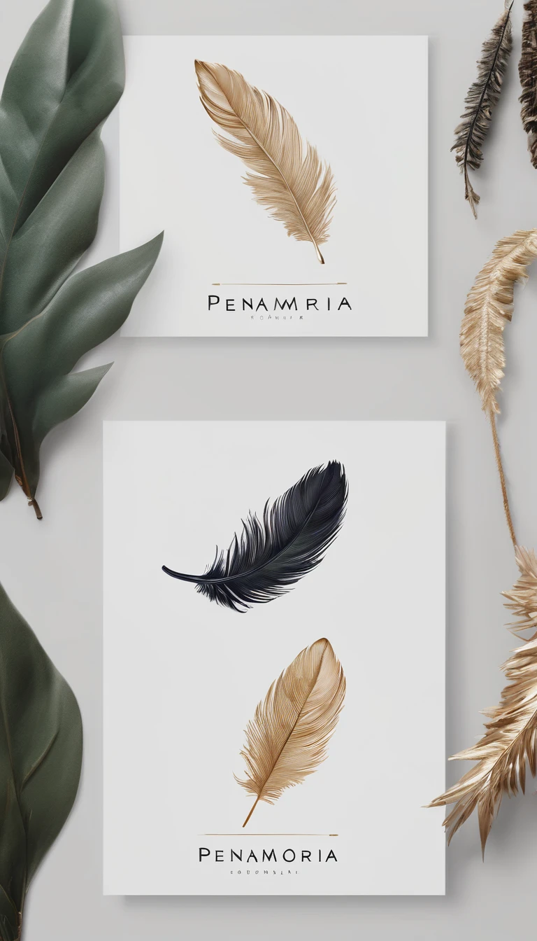 A minimal, modern, simple, cinematic logo design for the brand “Penamemoria". Create a modern, memorable, unique, minimalistic, high-quality, logo of a dreamy, fantastic, poetic, masterpiece feather.