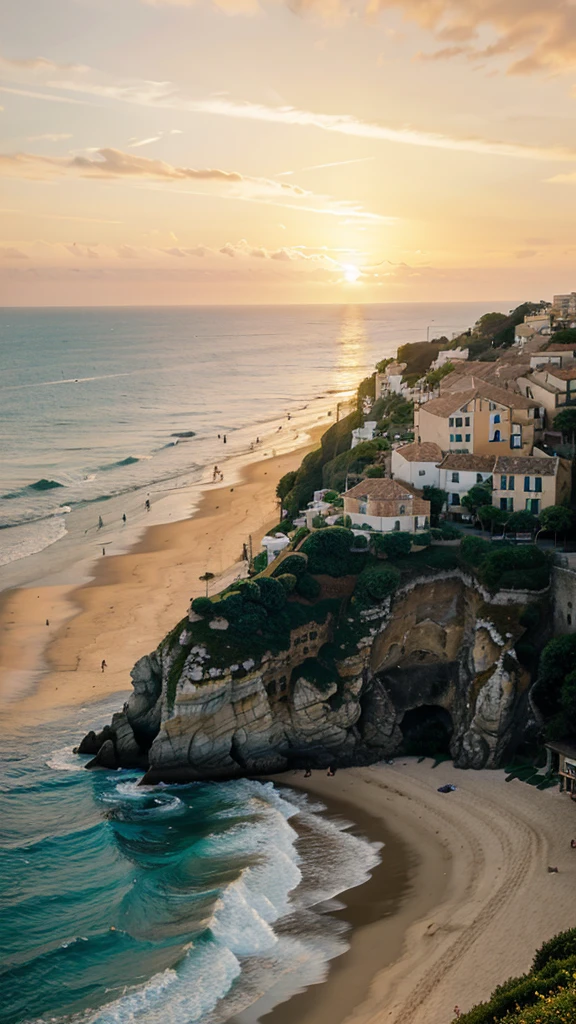 a tranquil seaside landscape in france, a golden sunset over the shore, serene ocean waves lapping against the sandy beach, people strolling along the coastline, sailboats and yachts dotting the horizon, lush green cliffs in the distance, a picturesque coastal town with charming architecture, warm summer sunlight illuminating the entire scene, a peaceful and idyllic summer day at the french riviera