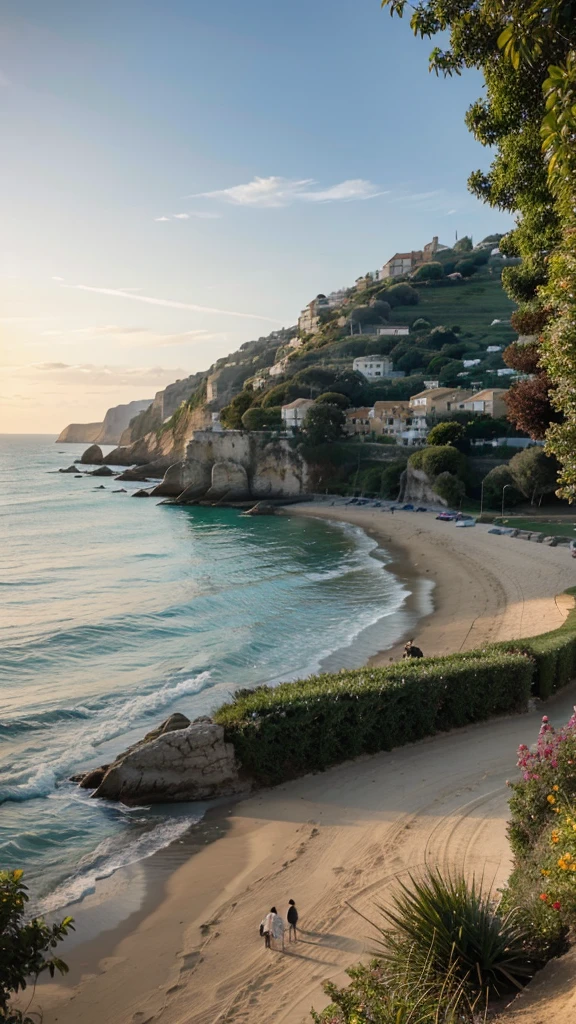 a tranquil seaside landscape in france, a golden sunset over the shore, serene ocean waves lapping against the sandy beach, people strolling along the coastline, sailboats and yachts dotting the horizon, lush green cliffs in the distance, a picturesque coastal town with charming architecture, warm summer sunlight illuminating the entire scene, a peaceful and idyllic summer day at the french riviera