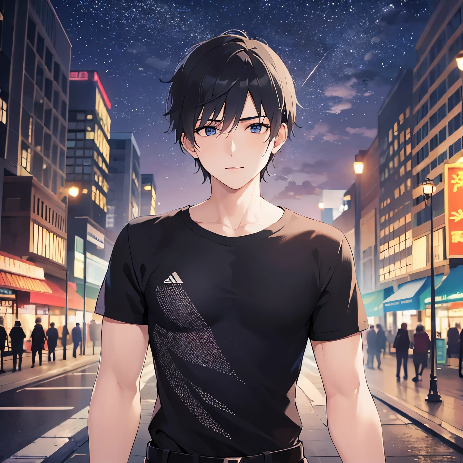 (looking away:1.5),upper body、
shiny skin, masterpiece、Highest quality、(25-year-old male:1.5) and (Black short hair) and (blue eyes)
black shirt ,Walking、
(night park:1.5)、(Night Sky:1.5)