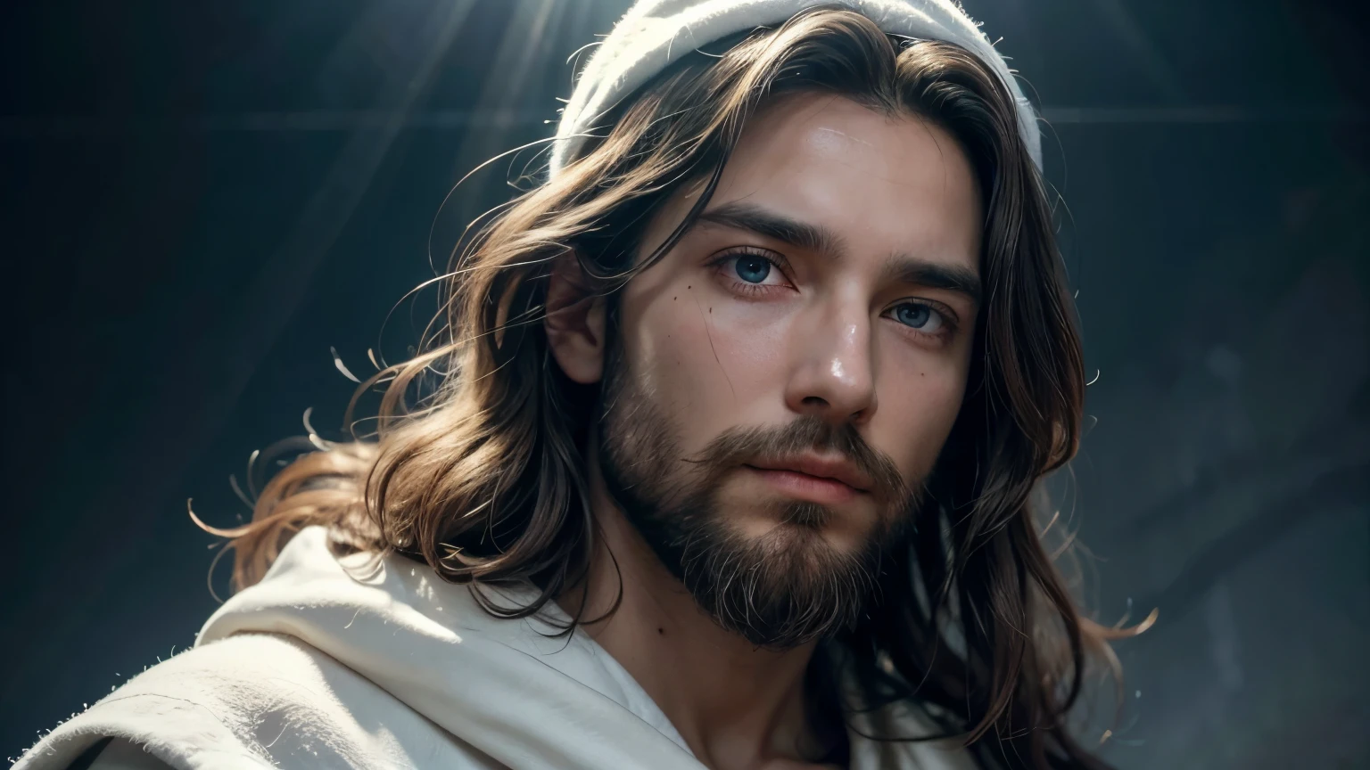 "an image of Jesus Christ in high definition, with realistic details and serene expression. Jesus is wearing a white robe and a blue cloak, with a soft, radiant celestial background. The image should capture the feeling of peace and love, with a glowing halo around your head. Details such as the texture of the clothes, beard and hair must be meticulously represented for an authentic and inspiring appearance."