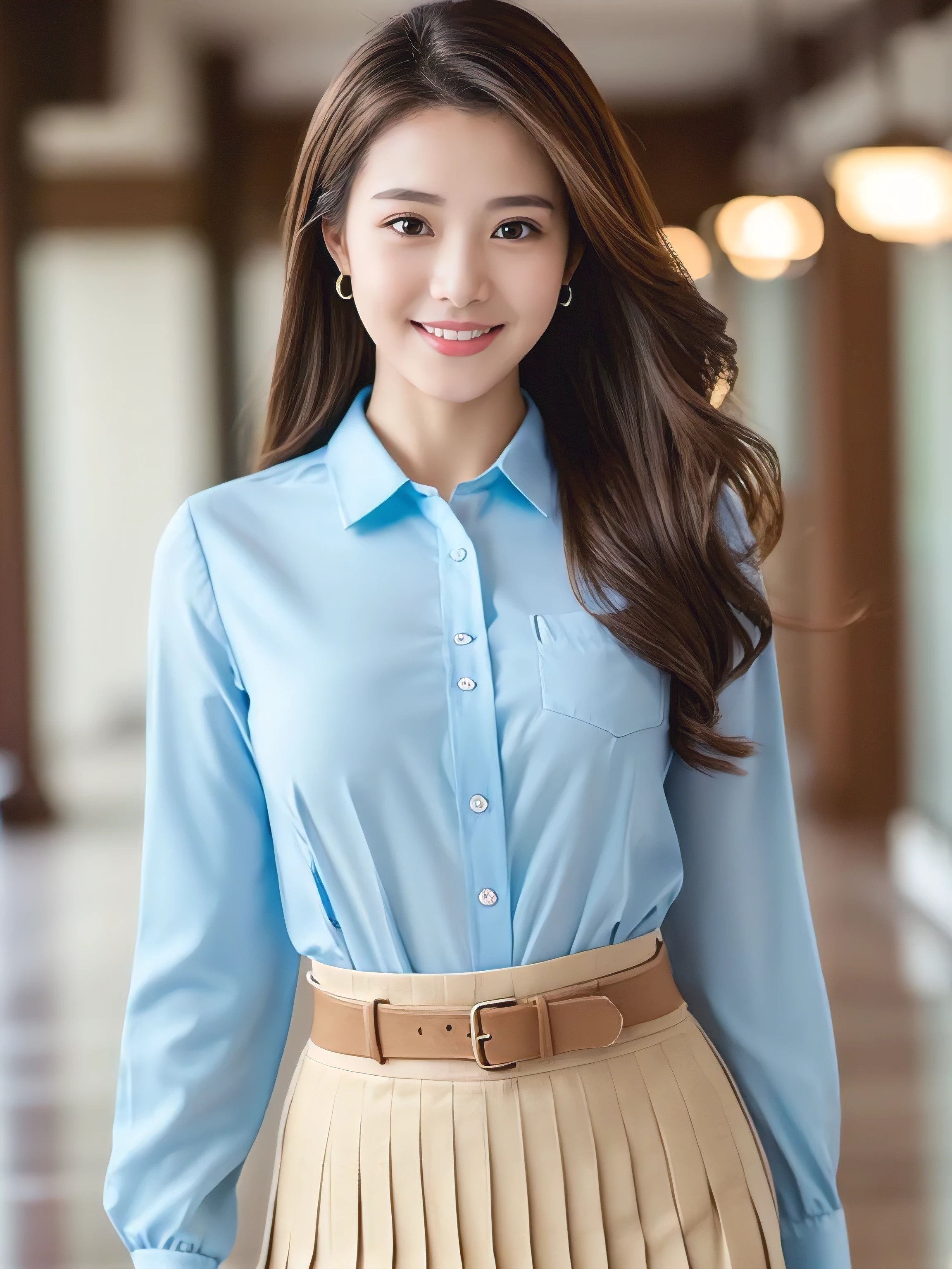 ((Highest quality, 8K, masterpiece: 1.3)), 1 Girl, smile, whole body, Slim face, Beautiful woman, ((Extra long brown hair:1.2))、white long sleeve button up blouse_brown pleated mini skirt、High heels, Highly detailed face, Fine grain, double eyelid, Blurred Background, Slim face, full figure supermodel standing, entire body in frame、School teacher、In the school hallway、With an envelope of documents tucked under his arm、Larger breasts、Place your left hand gently on your chin,right hand holding her breast