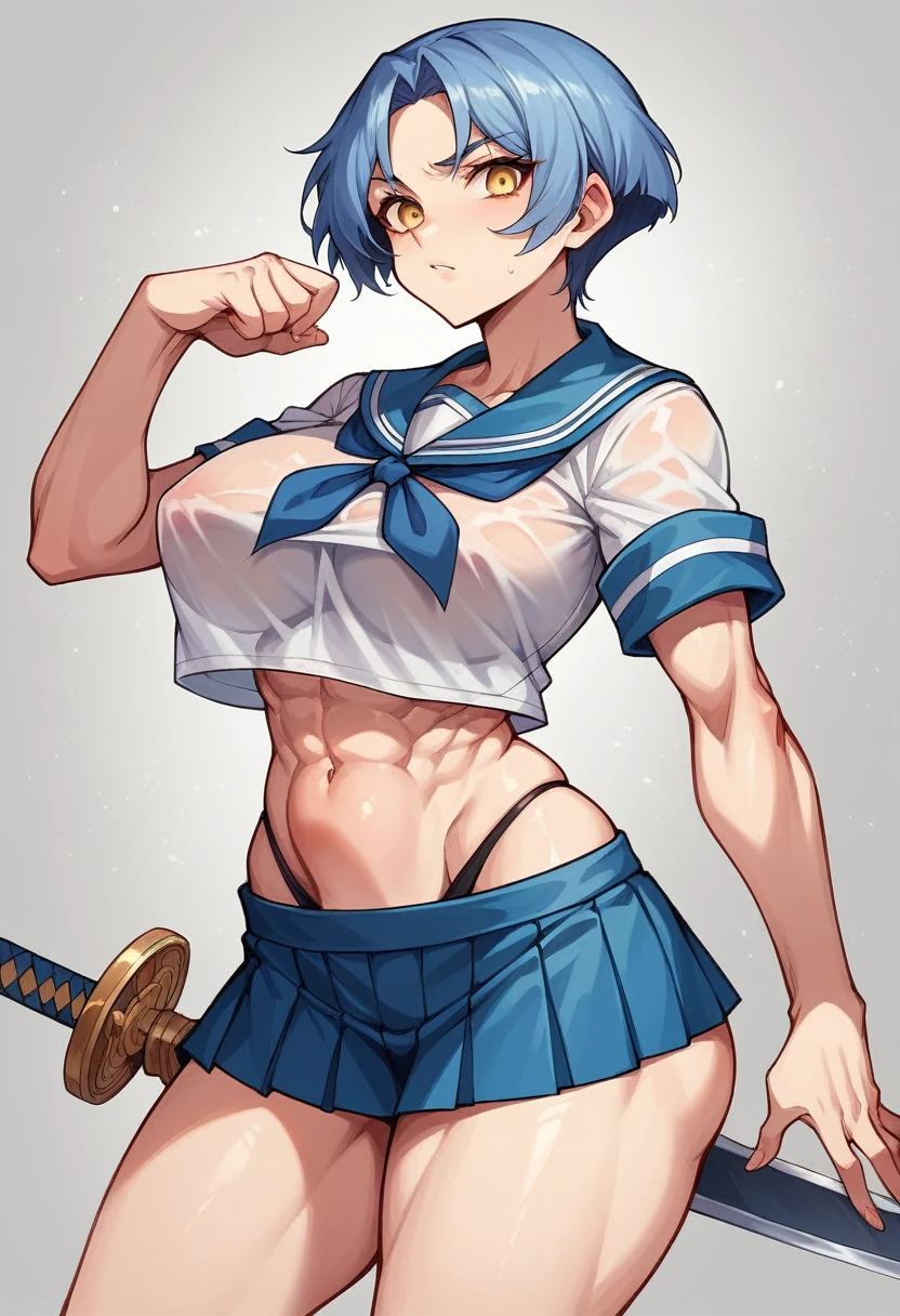 18-year-old,shiny navy hair,short hair,Parted bangs,Yellow Eyes,Large Breasts,Small waist,Big Ass,Faintly visible abdominal muscles, , See-through sailor suit,Navy blue mini skirt,Black underwear, ,Japanese sword,Covered in body fluids