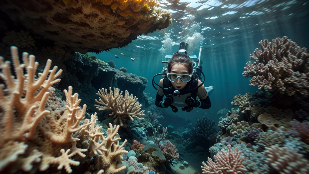 underwater image of a diver near coral
