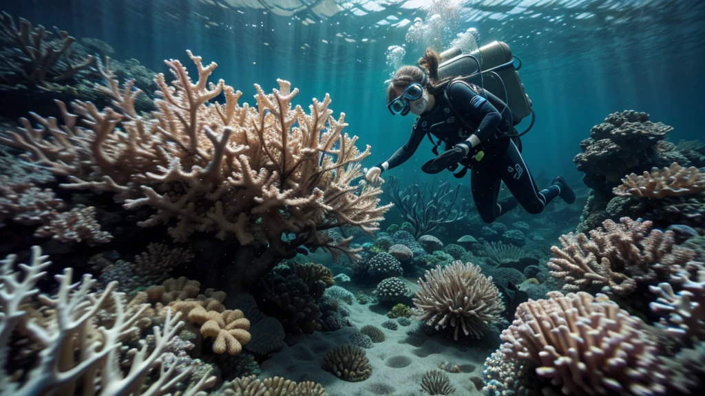 underwater image of a diver near coral