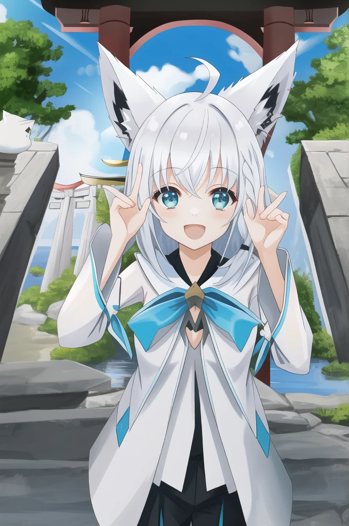 Hololive、Shirakami Fubuki、fubuki、masterpiece、high quality、最high quality、anime、Detailed eyes、Detailed face、shrine、torii、Medium Hair、Green Eyes、White shirt、Shorts、Shorts、黒いShorts、Blue ribbon、Neck ribbon、Wide sleeves、short boots、Open your mouth、happiness、smile、