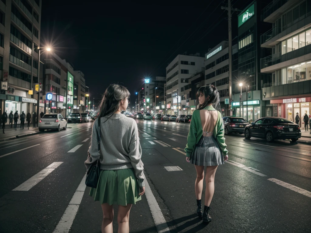 City landscape combination of Mexico and Japan modern avenue anime night neon lights, anime girl in the middle of the street with her back to her in green flag cardigan sweater and long gray skirt