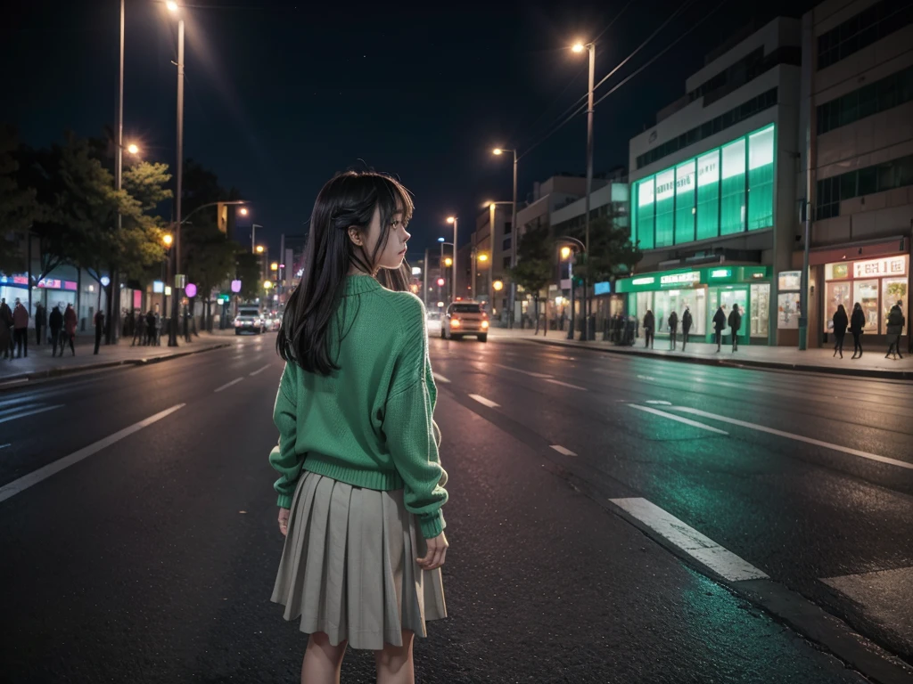 City landscape combination of Mexico and Japan modern avenue anime night neon lights, anime girl in the middle of the street with her back to her in green flag cardigan sweater and long gray skirt