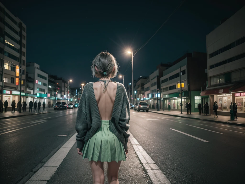 City landscape combination of Mexico and Japan modern avenue anime night neon lights, anime girl in the middle of the street with her back to her in green flag cardigan sweater and long gray skirt
