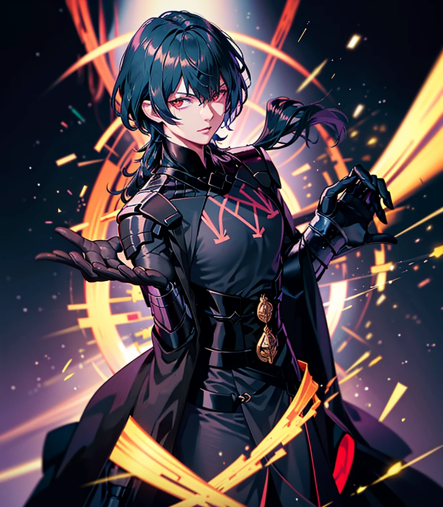 1 person, good looking, expensive, Dark brown skin, Black Hair, Red eyes, Science fiction, Wearing a black military uniform, Completely isolated on a pitch black background, High resolution, Super sharp, 8K, masterpiece, View your viewers, High resolution, Sharp focus, Absurd, Bokeh,Byleth