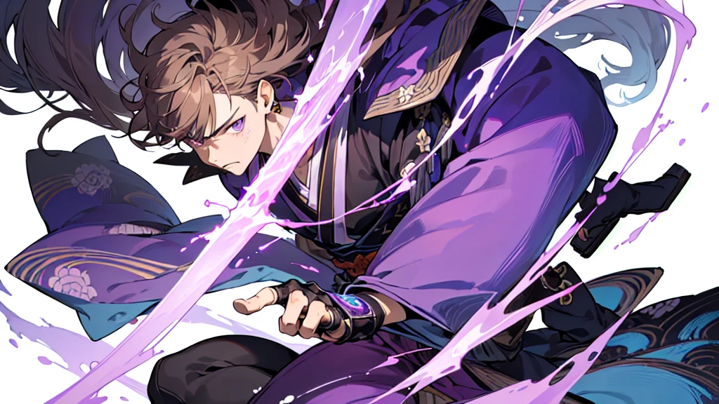 ((Masterpiece, Highest quality)), Male, boy, Detailed face, character design sheet,full body esbian, Full of details, frontal body view, back body view, Highly detailed, Depth, ((((dramatic))), (((gritty))), (((intense))) 1 boy, solo, medium length light brown hair with purple tips and electric accents, purple eyes with blue pupils, detailed purple traditional Japanese clothing with electric accents, purple katana with electric aura, high boots, dark clothing, dark clothes, japanese theme, japanese clothes, looking at viewer, fantasy art, beautiful painting, guwaika style, epic exquisite character art, stunning characters, man, lean.