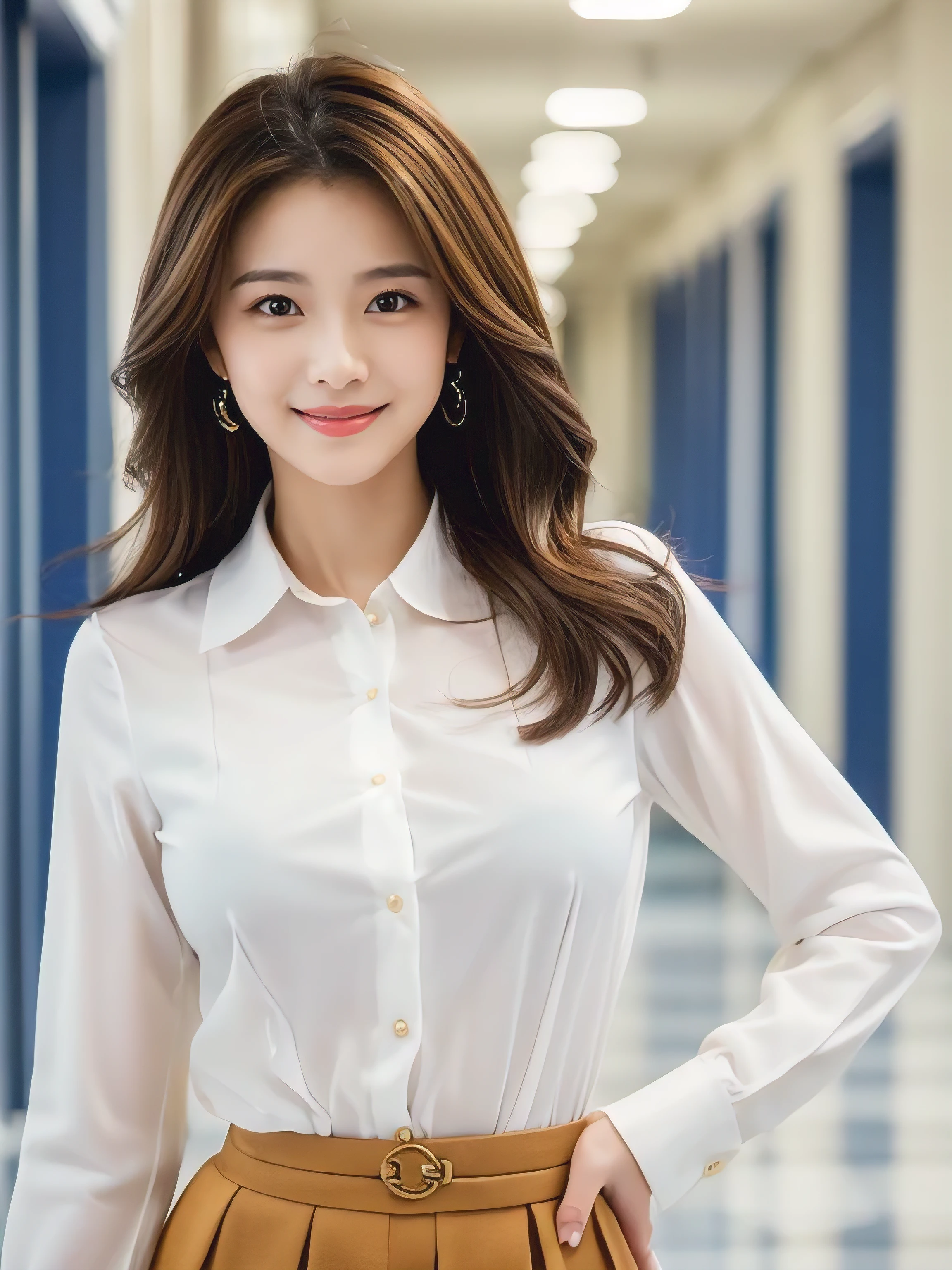 ((Highest quality, 8K, masterpiece: 1.3)), 1 Girl, smile, whole body, Slim face, Beautiful woman, ((Extra long brown hair:1.2))、white long sleeve button up blouse_brown pleated mini skirt、High heels, Highly detailed face, Fine grain, double eyelid, Blurred Background, Slim face, full figure supermodel standing, entire body in frame、School teacher、In the school hallway、With an envelope of documents tucked under his arm、Larger breasts、Place your left hand gently on your chin，right hand holding her breast