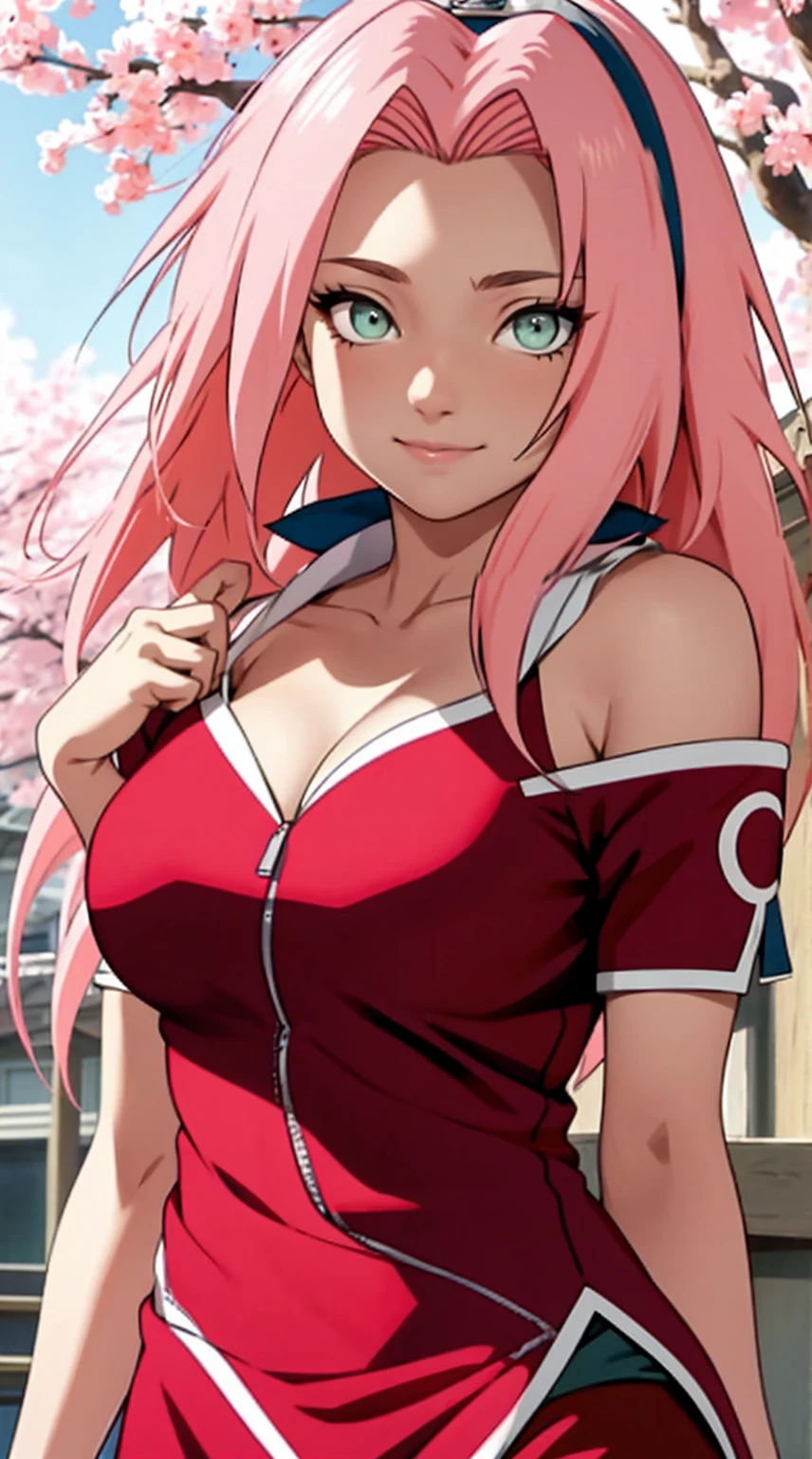 tmasterpiece， Best quality at best， 1girll， Sakura Haruno， Large breasts，Off-the-shoulder attire，（cleavage)，（upperbody closeup)，Raised sexy，is shy，ssmile，with pink hair， long whitr hair， （Green eyeballs:1.4)， Forehead protection， the cherry trees，Cherry blossoms flying，Red clothes，Zipper half