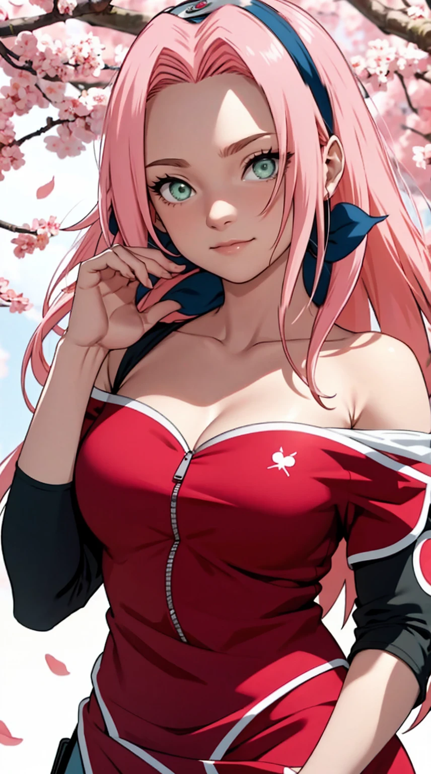 tmasterpiece， Best quality at best， 1girll， Sakura Haruno， Large breasts，Off-the-shoulder attire，（cleavage)，（upperbody closeup)，Raised sexy，is shy，ssmile，with pink hair， long whitr hair， （Green eyeballs:1.4)， Forehead protection， the cherry trees，Cherry blossoms flying，Red clothes，Zipper half