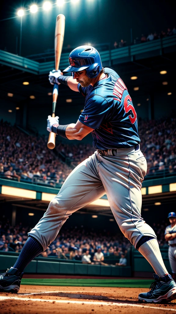 a middle-aged man batting a grand slam home run, extremely detailed,professional baseball player,swinging a baseball bat,baseball uniform,baseball field,crowd cheering,action shot,dynamic motion blur,dramatic lighting,cinematic composition,vibrant colors,warm lighting,photorealistic,8k,masterpiece