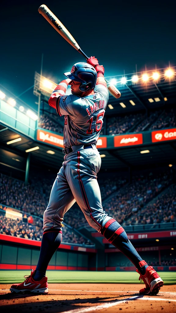 a middle-aged man batting a grand slam home run, extremely detailed,professional baseball player,swinging a baseball bat,baseball uniform,baseball field,crowd cheering,action shot,dynamic motion blur,dramatic lighting,cinematic composition,vibrant colors,warm lighting,photorealistic,8k,masterpiece