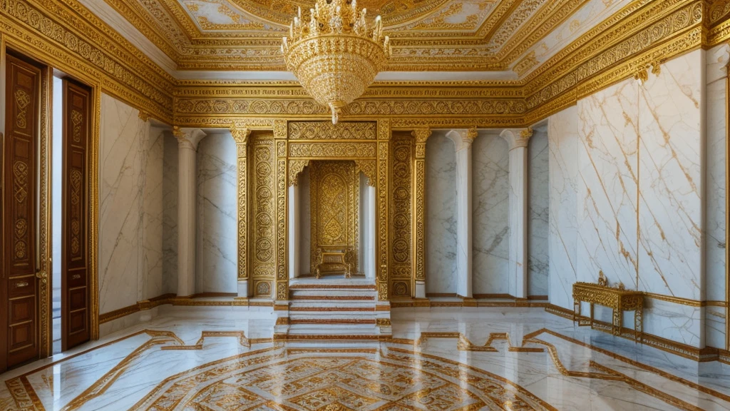 A detailed royal crown adorned with exquisite ornaments, situated in a vast and opulent throne room with towering marble pillars and wall paintings depicting the kingdom's history --v 5 --ar 16:9 --style raw