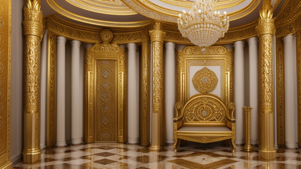 A detailed royal crown adorned with exquisite ornaments, situated in a vast and opulent throne room with towering marble pillars and wall paintings depicting the kingdom's history --v 5 --ar 16:9 --style raw
