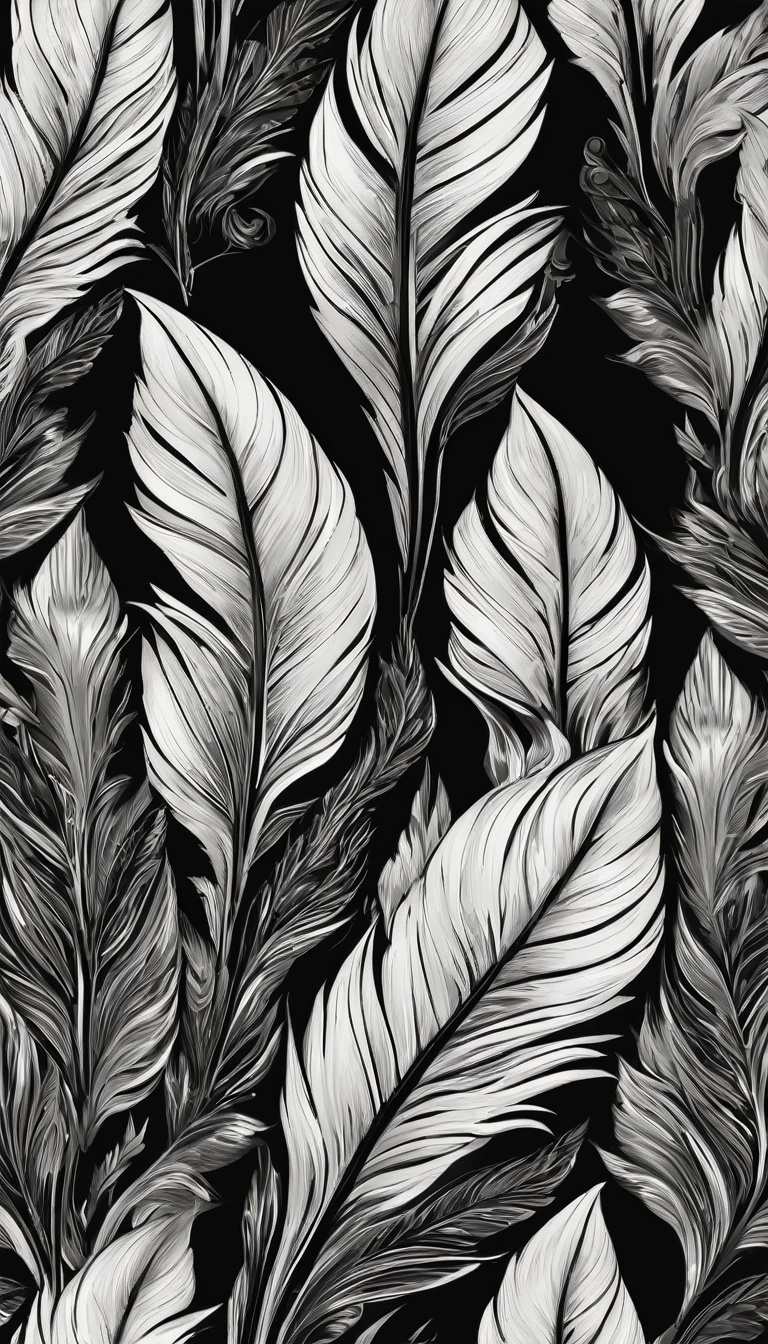 Feather-shaped,Flat style, abstract artistic,Graphic design. Renaissance, Oil painting, 2D canvas, highly detailed, Classic paint, Black monochrome, crystals, opulent, lap, gothic ornament, Graphic design