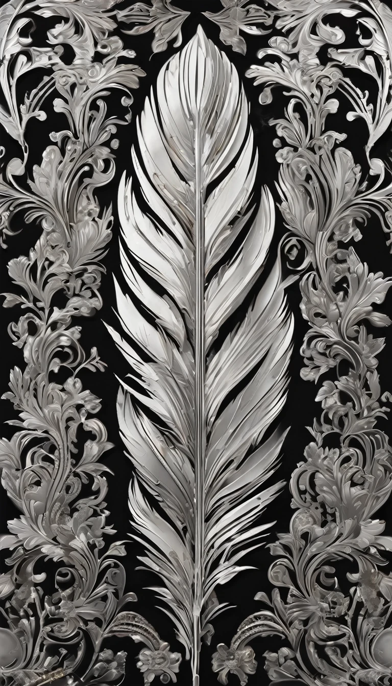 Feather-shaped,Flat style, abstract artistic,Graphic design. Renaissance, Oil painting, 2D canvas, highly detailed, Classic paint, Black monochrome, crystals, opulent, lap, gothic ornament, Graphic design