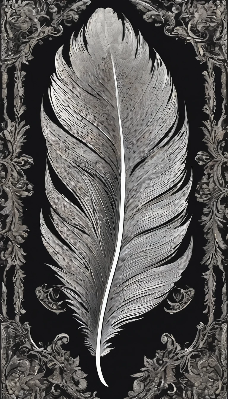 Feather-shaped,Flat style, abstract artistic,Graphic design. Renaissance, Oil painting, 2D canvas, highly detailed, Classic paint, Black monochrome, crystals, opulent, lap, gothic ornament, Graphic design