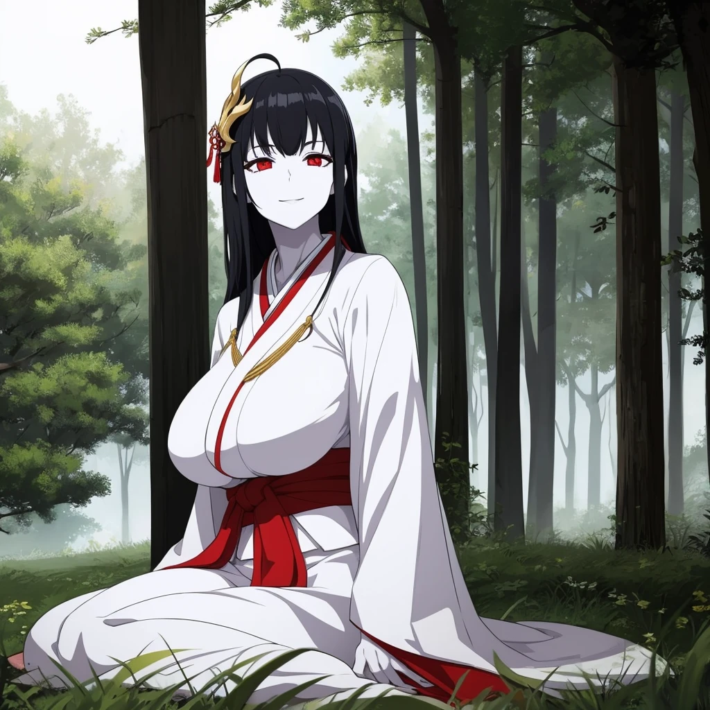 A woman wearing an old white kimono with a dark style, white skin, completely white skin, bright red eyes, wearing an Okamê Mask, Japanese folk style, dark Japanese aesthetics, big breasts, smiling, black hair, long hair, ahoge in her hair, full body , on a shady lawn, fog, obscure place, darkened place, horror aesthetic, (woman solo)
