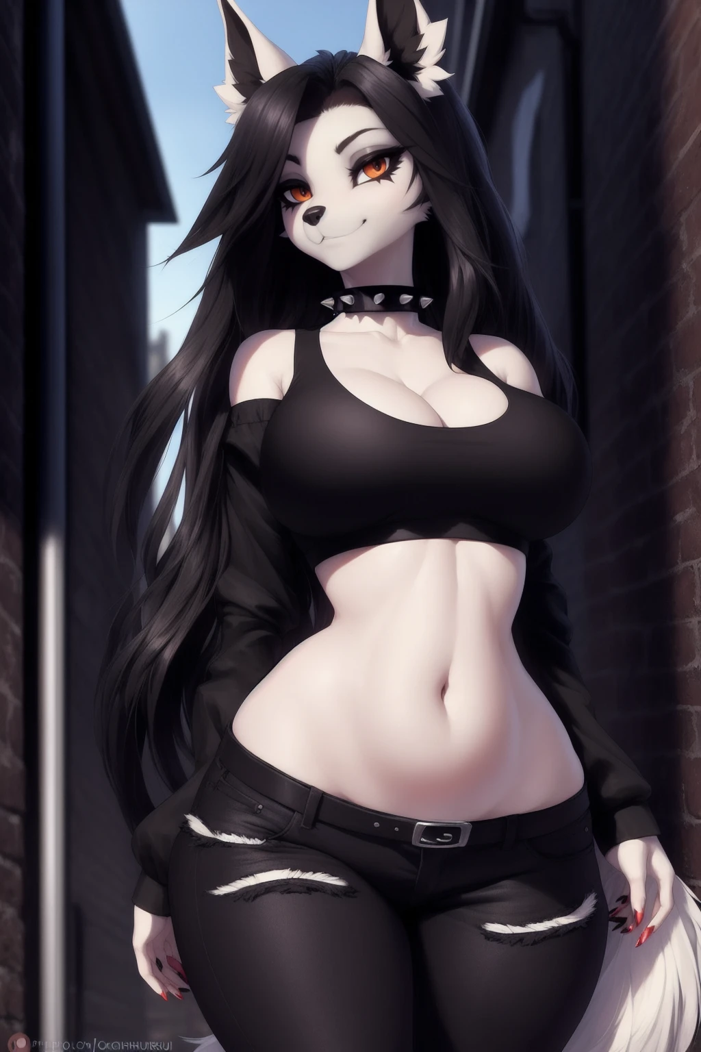 uploaded on e621, explicit content, 3d, cutesexyrobutts, hioshiru, female, solo, mightyena, alleyway setting, (black eyeshadow, black skinny jeans, spiked collar, black crop top, goth style), clothed, clothing, three-quarter portrait, closeup, standing,  figure, big breasts, toned stomach, thick thighs, wide hips, long hair, expressive eyes, gorgeous,
