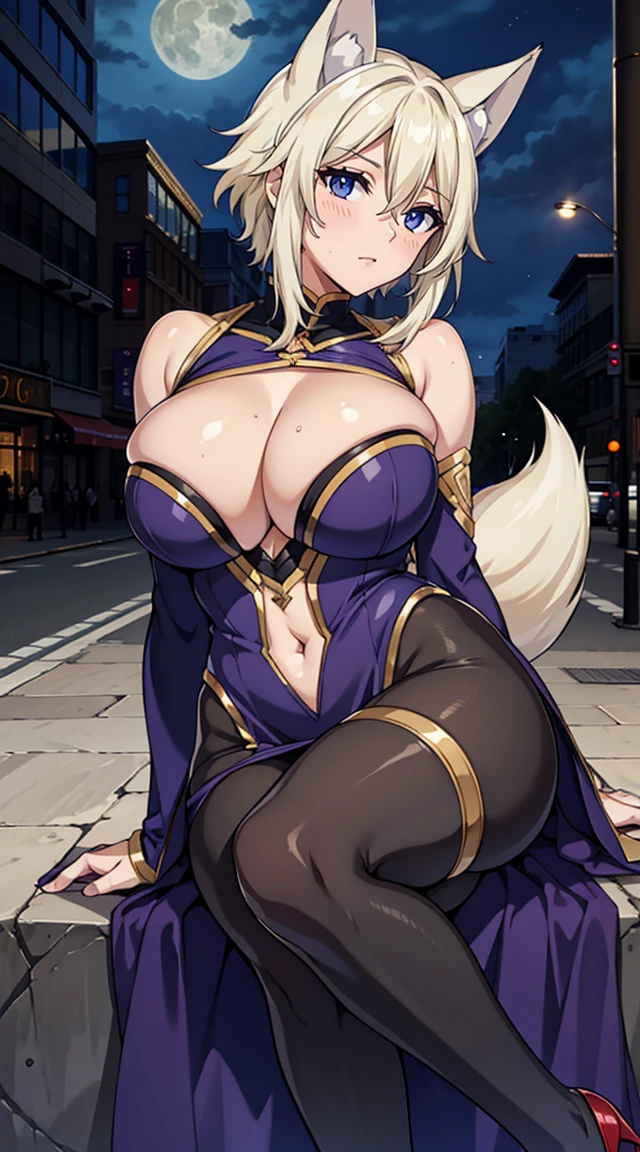 beautiful detail eyes, (realistic skin), beautiful skin,(masterpiece))), (((best quality))), ((ultra-detailed)), (highly detailed CG illustration), young girl,big breast, short blonde hair, wolf cut hair, Fox ears, violet eyes, large breast, curvy ,cleavage, navel, bare shoulders, dress, long dress, pantyhose, high heels, city , night, outdoors, Cars,