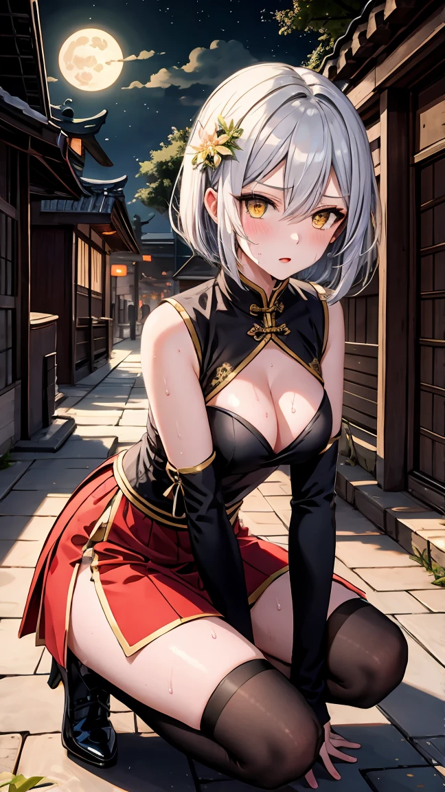 young girl , short silver bob hair, hair flower, sharp bangs between the eyes, yellow eyes, eyes large, provocative look, obscene expression, notable physical features, traditional chinese imperial clothes black with gold details, red skirt, black thigh high socks., half-sided angle, crouched in the street. japanese city, outdoor city, city at night, with full moon in the background, light reflecting on the sexy and sweaty body. (((sweat))) (work of art:1.2,) (best qualityer.)
