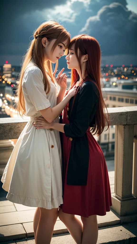 (Natural strawberry blonde and redhead girls with pretty faces), Cute pose, wearing a button dress, Atmospheric, Dark atmosphere, Edge lighting, Sayaka Yamamoto, Saito Asuka, Mao Akiyama's facial features, 8K, Full 体 portrait, Elegant outfit, Natural light, Spooky greenhouse at night, (Ultra-detailed eyes and face:1.3, Professional photography techniques), (Beautiful small face, beautiful girl, high , Idol Face, Baby Face:1.4)Happy, K UHD, Beautiful and soft skin, Vibrant Skin, blush, (Chirarizum:1.3, Unbutton the dress:1.5), ((Beautiful breasts:1.3, Cleavage)), (Small beautiful butt), (Detailed hands:1.2, The optimal ratio is four fingers to one thumb), Perfect proportions, (Perfect Anatomy:1.3), (Highest quality, Masterpiece, Highest quality, Ultra high definition, Photorealism:1.4), ((Kiss on the lips)), (Beautiful hair blowing in the wind:1.4)